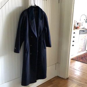 Sequence. Navy blue wool coat. Size 10. Velvet detailing on collar + pockets.